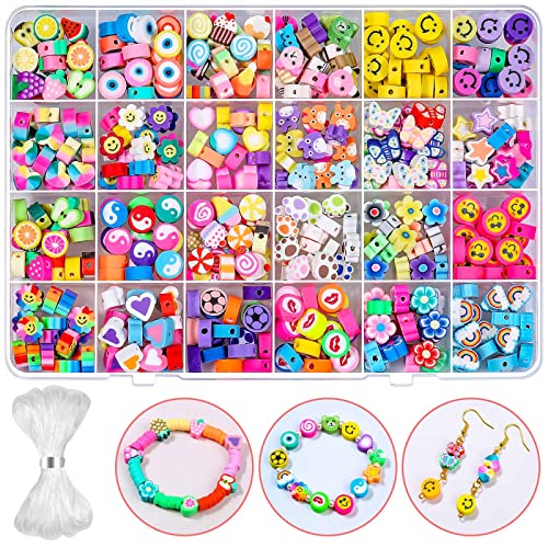 480 Pcs Fruit Flower Polymer Clay Beads, 24 Styles Trendy Cute Smiley Bead Charms for Bracelets Jewelry Necklace Earring Making with Elastic String