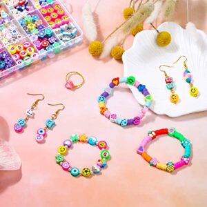 480 Pcs Fruit Flower Polymer Clay Beads, 24 Styles Trendy Cute Smiley Bead Charms for Bracelets Jewelry Necklace Earring Making with Elastic String