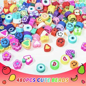 480 Pcs Fruit Flower Polymer Clay Beads, 24 Styles Trendy Cute Smiley Bead Charms for Bracelets Jewelry Necklace Earring Making with Elastic String