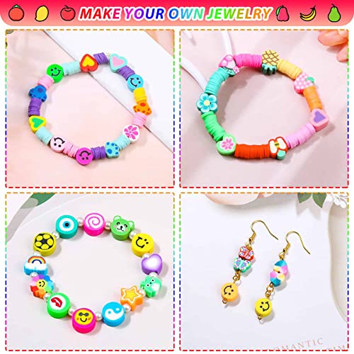 480 Pcs Fruit Flower Polymer Clay Beads, 24 Styles Trendy Cute Smiley Bead Charms for Bracelets Jewelry Necklace Earring Making with Elastic String