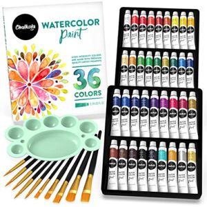 chalkola watercolor paint set for adults, kids, beginner & professional artists – 36 watercolor tubes set (12ml, 0.4oz), 10 painting brushes & 1 palette | vibrant water color art painting supplies