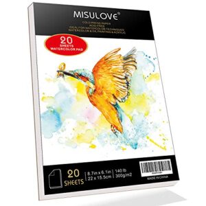 misulove 6.1x8.7″ watercolor paper pad, cold-pressed, acid-free, ideal for watercolor painting and wet media, textured paper great and sketchbook, art paper for kid, 20 white sheets (140lb/300gsm)