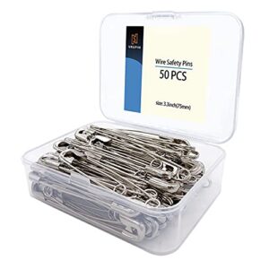 50pcs-3.3in safety pins,stainless steel safety pins,safety pins bulk metal silver sewing pins clothing clips tool 75mm decorative safety pins (3.3″ 50)