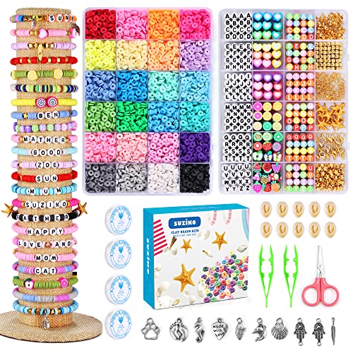 Suziko 7400 Bracelet Making Kit, Clay Beads Flat Round Clay Beads for Jewelry Making Crafts Gift for Girls Ages 3-12 Great Gift (2 Box)