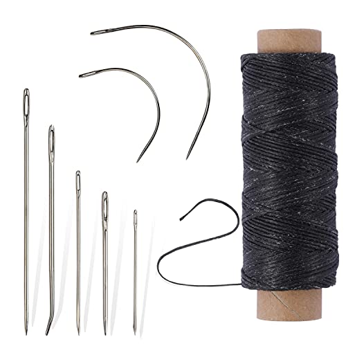 55Yards Waxed Thread with 7 Pcs Leather Needles for Hand Sewing 150D Flat Sewing Waxed Thread Leather Repair Needles for Sewing Upholstery Leather Canvas Bags Sofa Furniture