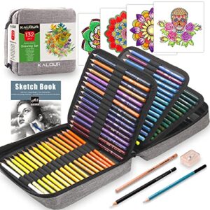 kalour 132 colored pencils set,with adult coloring book and sketch book,artists colorless blender,zipper travel case,soft core,ideal for drawing sketching shading,art supplies for beginners kids