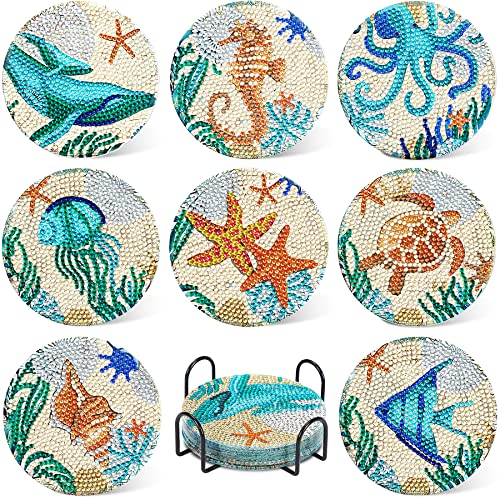 UPINS 8Pcs Diamond Painting Coasters for Drinks DIY Coaster Diamond Art Kits for Adults Kids Beginners Diamond Art Craft Supplies (Ocean)