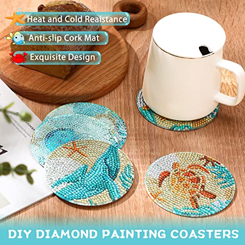 UPINS 8Pcs Diamond Painting Coasters for Drinks DIY Coaster Diamond Art Kits for Adults Kids Beginners Diamond Art Craft Supplies (Ocean)