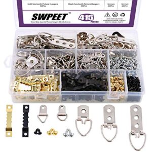 swpeet 415pcs picture hangers kit with screws, heavy duty assorted picture hangers assortment kit for picture hanging solutions with transparent box – 7 models