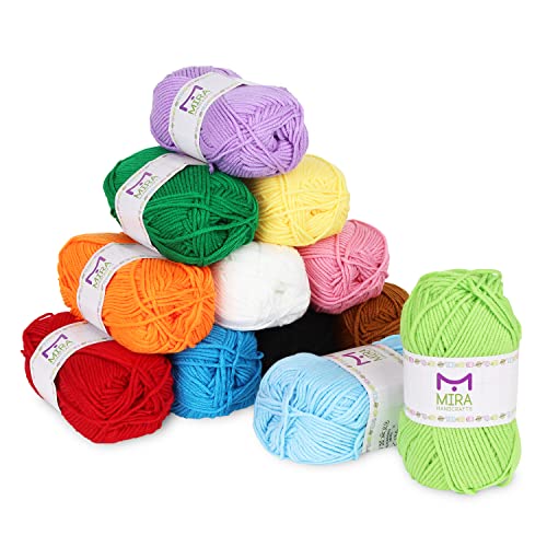 Acrylic Yarn | 1312 Yards | Large 50g Skeins | 12 Multicolor Knitting and Crochet Yarn Bulk – Starter Kit for Colorful Craft - 7 Ebooks with Yarn Patterns - by Mira HandCrafts