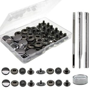 12 sets heavy duty leather snap fasteners kit, 15mm metal snap buttons kit press studs with 4 install tools, leather rivets and snaps for clothing, leather, jeans, jackets, bracelets, bags (black)