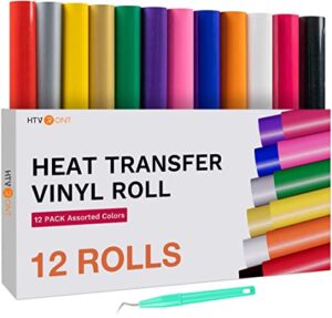 htvront htv heat transfer vinyl bundle (12 pack) – 12 inch by 5 feet htv vinyl rolls, easy to cut iron on vinyl for cricut & cameo, easy to weed heat transfer vinyl