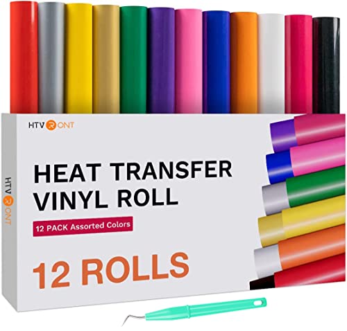 HTVRONT HTV Heat Transfer Vinyl Bundle (12 Pack) - 12 Inch by 5 Feet HTV Vinyl Rolls, Easy to Cut Iron on Vinyl for Cricut & Cameo, Easy to Weed Heat Transfer Vinyl