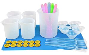 silicone measuring cups tool kit for resin, non-stick 250 & 100ml epoxy mixing cups, reusable resin supplies with silicone mat, stir sticks, pipettes, color cups for resin, molds, jewelry making