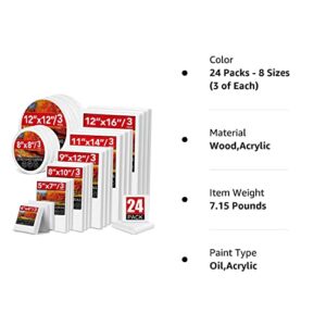 24 Pack Canvases for Painting with 4x4", 5x7", 8x10", 9x12", 11x14", 12x16", Round Canvas with 12x12", 8x8", 3 of Each, Painting Canvas for Oil & Acrylic Paint.