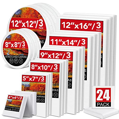 24 Pack Canvases for Painting with 4x4", 5x7", 8x10", 9x12", 11x14", 12x16", Round Canvas with 12x12", 8x8", 3 of Each, Painting Canvas for Oil & Acrylic Paint.