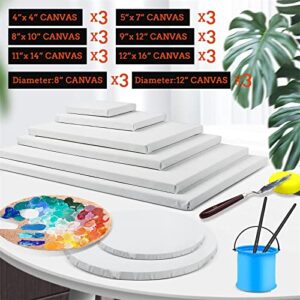 24 Pack Canvases for Painting with 4x4", 5x7", 8x10", 9x12", 11x14", 12x16", Round Canvas with 12x12", 8x8", 3 of Each, Painting Canvas for Oil & Acrylic Paint.