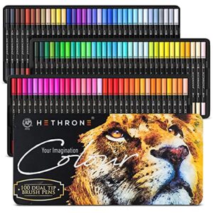 Hethrone Markers for Adult Coloring - 100 Colors Dual Tip Brush Pens Art Markers Set, Fine Tip Markers for Calligraphy Painting Drawing Lettering (100 Colors Black)