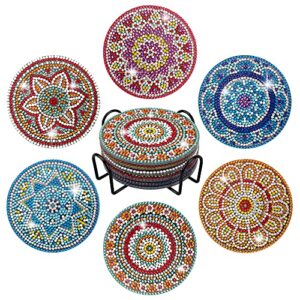 temlum 6 pcs diamond painting coasters with holder, diy mandala coasters diamond art kits for beginners, adults & kids small diamond painting craft supplies