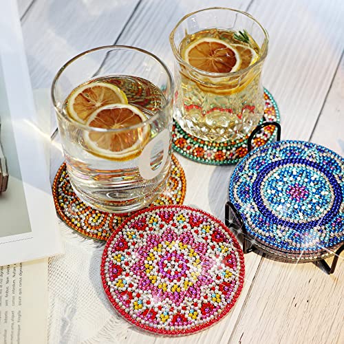 Temlum 6 Pcs Diamond Painting Coasters with Holder, DIY Mandala Coasters Diamond Art Kits for Beginners, Adults & Kids Small Diamond Painting Craft Supplies