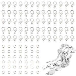 lobster clasps for jewelry making, fengwangli 300 pcs 12mm silver lobster claw clasps with jump rings for diy necklace bracelets(silver)