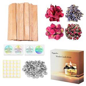 visgaler 150 pcs upgrade wood wicks for candle making, thickened wood wicks made in usa, smokeless crackling wooden candle wicks with iron stander, glue dot, warning labels and gram dry flower(50 set)