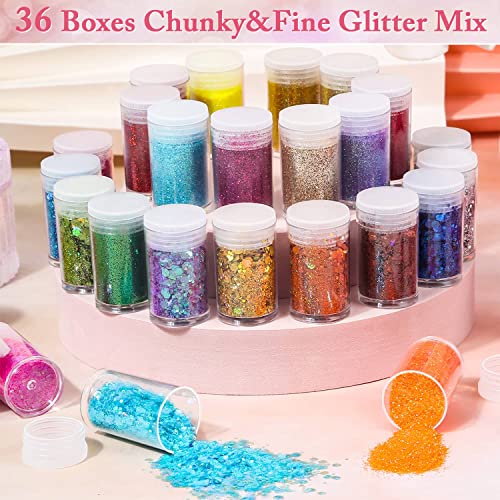 36 Pcs Fine and Chunky Glitter for Resin, Audab Fine Glitter Powder Assorted Holographic Resin Glitter Nail Sequins for Hair, Makeup, Slime, Resin Tumblers, Resin Molds