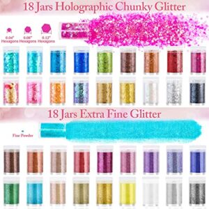 36 Pcs Fine and Chunky Glitter for Resin, Audab Fine Glitter Powder Assorted Holographic Resin Glitter Nail Sequins for Hair, Makeup, Slime, Resin Tumblers, Resin Molds