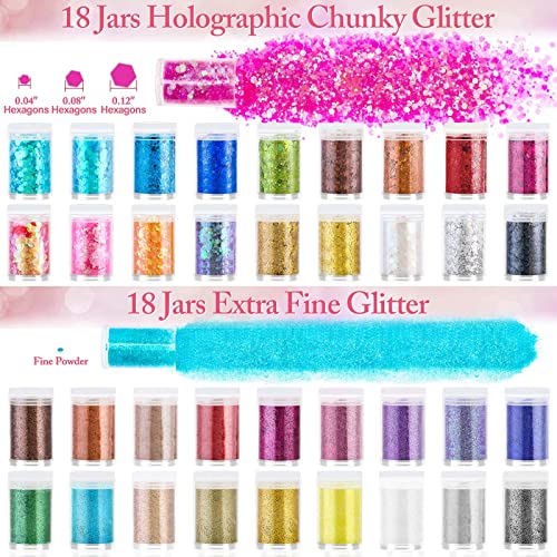 36 Pcs Fine and Chunky Glitter for Resin, Audab Fine Glitter Powder Assorted Holographic Resin Glitter Nail Sequins for Hair, Makeup, Slime, Resin Tumblers, Resin Molds