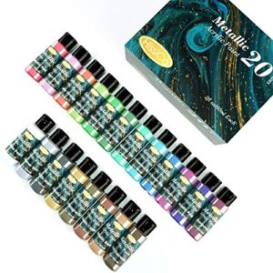 metallic acrylic paint set of premium 20 colors，professional grade metallic paints with bottles (2fl oz 60ml), rich pigments of non fading and toxic paints for artist hobby painters kids