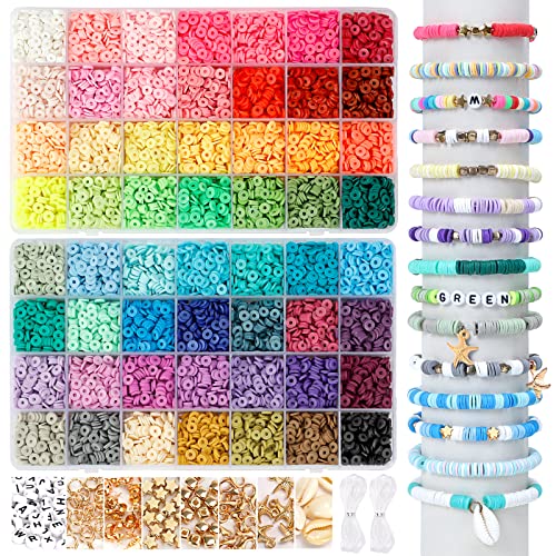 QUEFE 14420pcs Clay Beads for Bracelet Making Kit, 56 Colors Spacer Heishi Beads Flat Round Polymer Clay Beads with Pendant Charms Kits and Elastic Strings