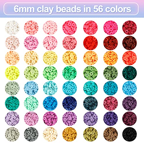 QUEFE 14420pcs Clay Beads for Bracelet Making Kit, 56 Colors Spacer Heishi Beads Flat Round Polymer Clay Beads with Pendant Charms Kits and Elastic Strings