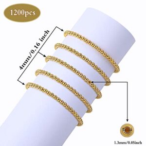 1200Pcs 4mm Smooth Round Beads Gold Spacer Loose Ball Beads for Bracelet Jewelry Making Craft