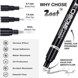 ZOET 3PK Mirror Chrome Marker Chrome Pen | Chrome Paint for Any Surface | Chrome Marker Paint Pen for Repairing, Model Painting, Marking or DIY Art Projects| Permanent Liquid Mirror (0.7|1|3mm Tips)