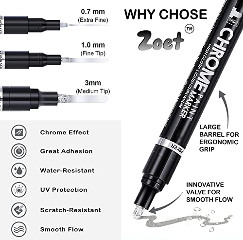 ZOET 3PK Mirror Chrome Marker Chrome Pen | Chrome Paint for Any Surface | Chrome Marker Paint Pen for Repairing, Model Painting, Marking or DIY Art Projects| Permanent Liquid Mirror (0.7|1|3mm Tips)