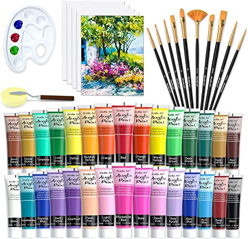 48 Pack Acrylic Paint Set, Shuttle Art 30 Colors Acrylic Paint (36ml) with 10 Brushes 5 Canvas 1 Paint Knife 1 Palette 1 Sponge, Complete Set for Kids, Adults Painting on Canvas Rocks Wood Ceramic