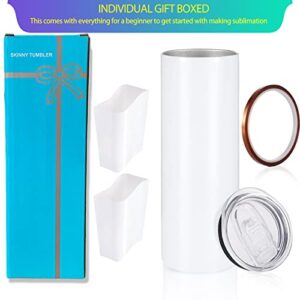 YOUKE OLA 10 Pack Sublimation Tumblers Bulk Straight Skinny Tumbler Blanks 20oz for Heat Transfer, Individual Gift Boxed, Double Wall Insulated Tumbler with Shrink Wrap Films & Heat Tape & Straws