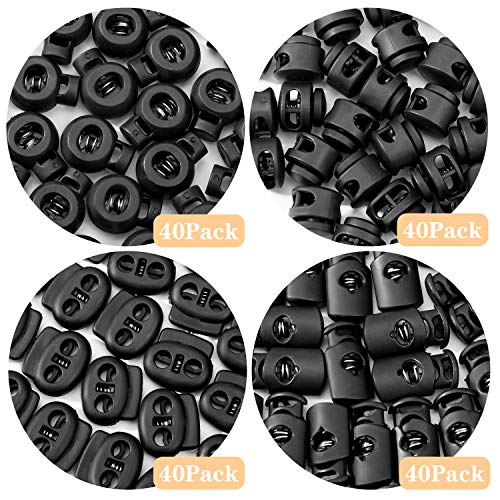 CLESDF 160 Pcs Plastic Cord Locks, Single Double Hole Spring Stop Toggle Stoppers for Drawstrings, Shoelaces, Bags, More, 4 Styles