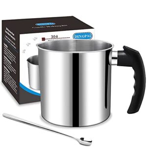 candle making pouring pot, dingpai 44oz double boiler wax melting pot, 1pc spoon, 304 stainless steel candle making pitcher, silver color with heat-resistant handle and dripless pouring spout design