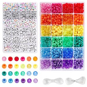 uoony 4000pcs pony beads kit, 2400pcs rainbow kandi beads and 1600pcs letter beads, 24 colors plastic craft beads bulk for bracelets jewelry making with 20m crystal string and 30m elastic string