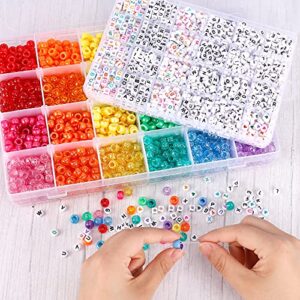 UOONY 4000pcs Pony Beads Kit, 2400pcs Rainbow Kandi Beads and 1600pcs Letter Beads, 24 Colors Plastic Craft Beads Bulk for Bracelets Jewelry Making with 20m Crystal String and 30m Elastic String