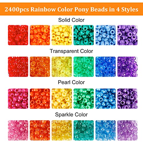 UOONY 4000pcs Pony Beads Kit, 2400pcs Rainbow Kandi Beads and 1600pcs Letter Beads, 24 Colors Plastic Craft Beads Bulk for Bracelets Jewelry Making with 20m Crystal String and 30m Elastic String