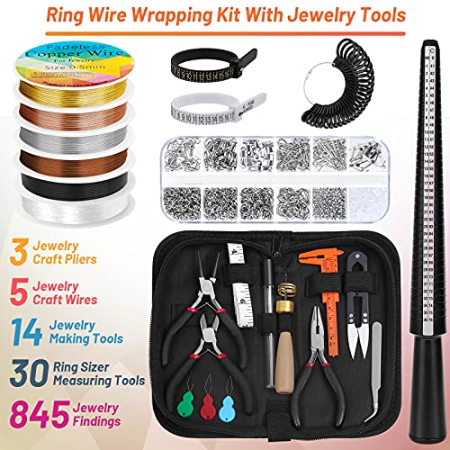 Audab Jewelry Wire Wrapping Jewelry Making Supplies Kit, Ring Sizer Measuring Tools Kit with Jewelry Tools, Ring Craft Wires, Jewelry and Jewelry Findings for Rings Making Jewelry Repair