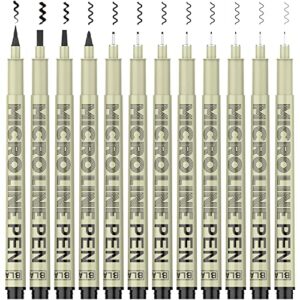 micro-pen fineliner ink pens, 12 pack black micro fine point drawing pens waterproof archival ink multiliner pens for artist illustration, sketching, technical drawing, anime, manga, scrapbooking
