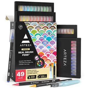 arteza real brush pens, 48 colors, watercolor markers with flexible nylon brush tips, 0.5-mm line size, art supplies for creating illustrations, calligraphy, and watercolor effects