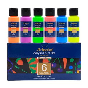 Artecho Glow in the Dark Paint - Set of 6 Colors, 59 ml / 2 oz Acrylic Paint for Decoration, Art Painting, Outdoor and Indoor Art Craft, Supplies for Canvas, Rock, Wood, Waterproof, Rich Pigments for Adults, Students, Kids