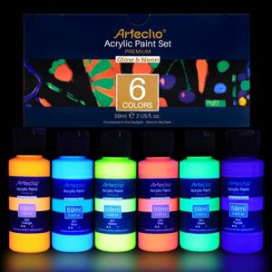 artecho glow in the dark paint – set of 6 colors, 59 ml / 2 oz acrylic paint for decoration, art painting, outdoor and indoor art craft, supplies for canvas, rock, wood, waterproof, rich pigments for adults, students, kids