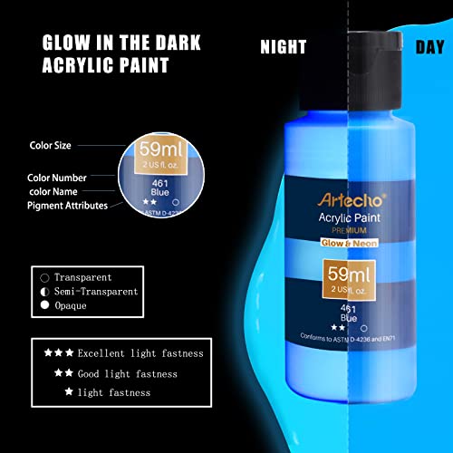 Artecho Glow in the Dark Paint - Set of 6 Colors, 59 ml / 2 oz Acrylic Paint for Decoration, Art Painting, Outdoor and Indoor Art Craft, Supplies for Canvas, Rock, Wood, Waterproof, Rich Pigments for Adults, Students, Kids