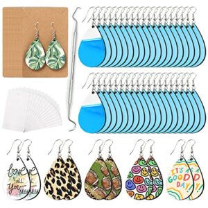 htvront sublimation earring blanks bulk – 50 pcs wood earrings blanks with blue protective film – unfinished mdf teardrop earrings for sublimation printing with template, weeder, hooks, jump rings