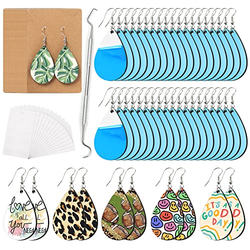 HTVRONT Sublimation Earring Blanks Bulk - 50 Pcs Wood Earrings Blanks with Blue Protective Film - Unfinished MDF Teardrop Earrings for Sublimation Printing with Template, Weeder, Hooks, Jump Rings